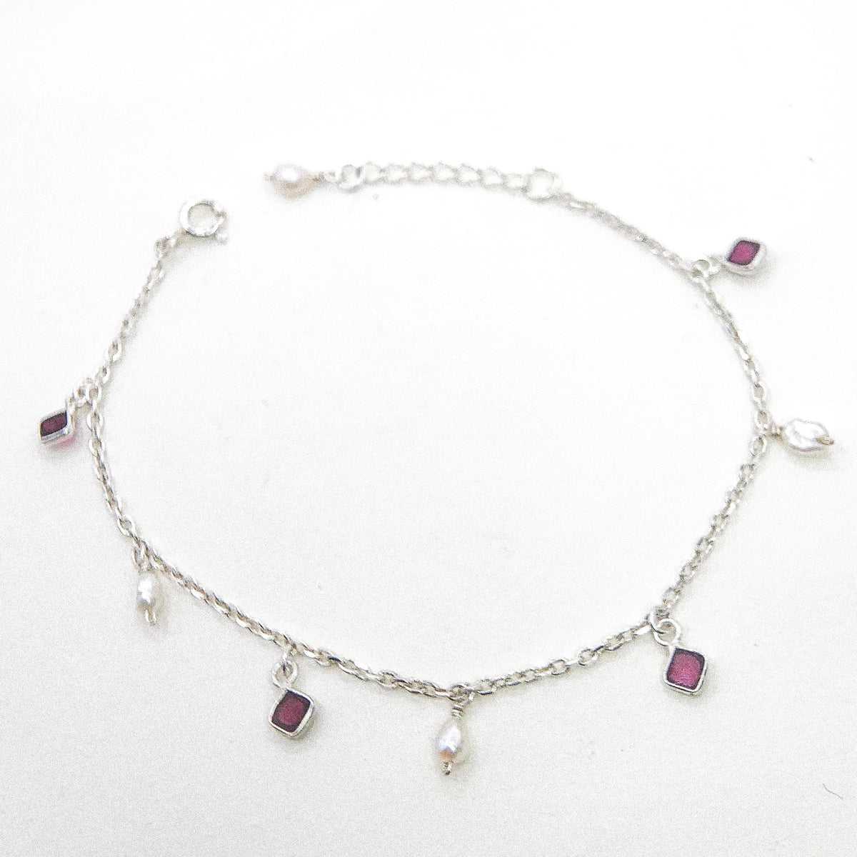 Garnet and Pearl Drop Silver Bracelet